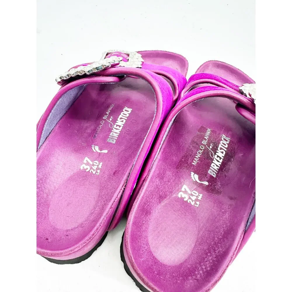 Manolo Blahnik Birkenstock Sandal in Fuchsia‎ Velvet 37